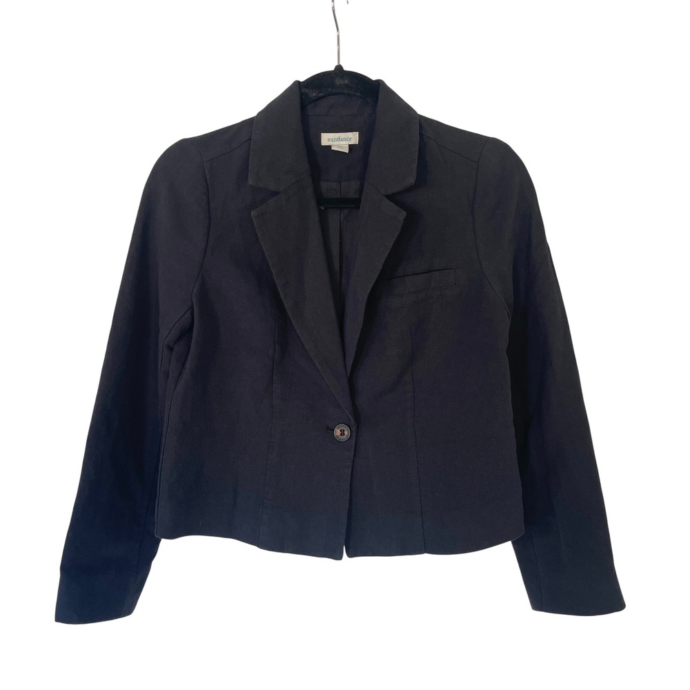 Sundance Linen‎ Blend Black Cropped Single Button Blazer Jacket Women's XS